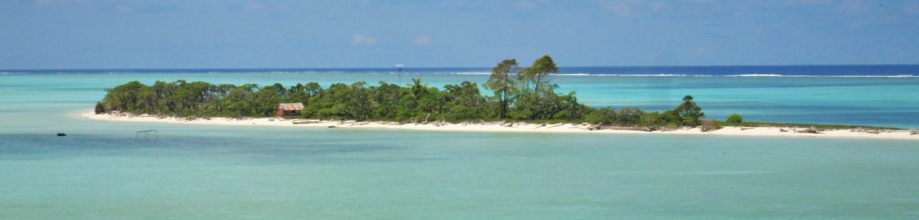 A long thin island in light blue waters with a strip of white beach and full of trees