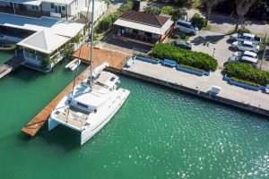 Aerial view of New Port of Entry dock with dinghy landing at Jolly Harbour Marina