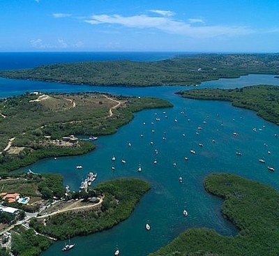 aerial view of a large wide bay with lots of fingers surrounded by green scrubby hills and many boats at anchor within the bays