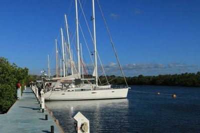 Yachts moored stern to at Puerto de Vita in Cuba