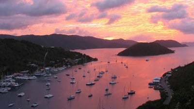 aerial view of yachts at anchor in soper's hole tortola at sunset
