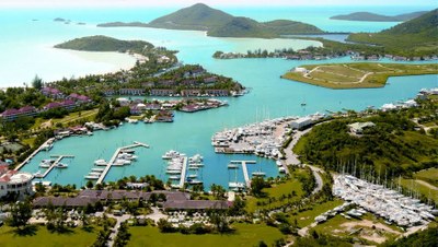 Aerial view of Jolly Harbour Marina.