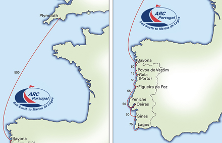 map showing the route taken by ARC Portugal down the coast of Spain and Portugal from the UK