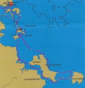 a map of western indonesia showing the route motor vessel solita took around the southern riau islands