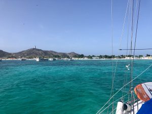 View of boats at anchor in the bay, Los Roques, Venezuela