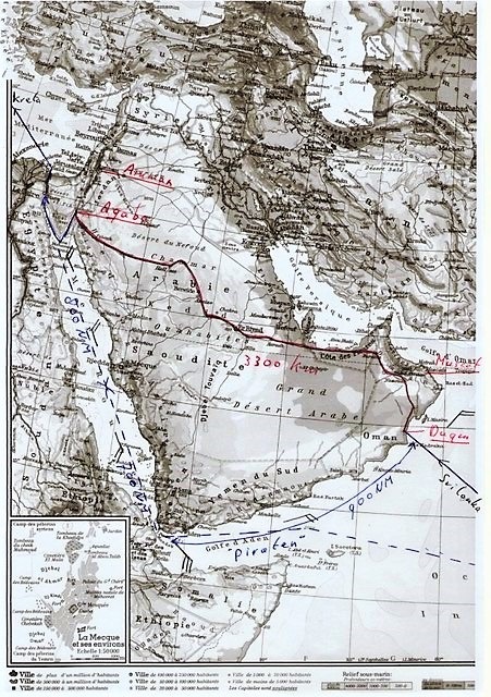 a map of Arabia showing in red the route that the boat took across land