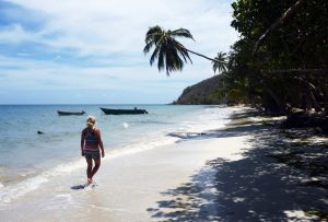 long white sandy beach with overhanging palm trees and a man in a white hat and bathing trunks walking through the surf away from the camera