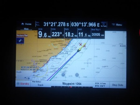 Picture of the route of a yacht down the east coat of South Africa.